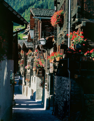 Знаменитый своими геранями и будто выжженными на солнце домами Гриментц, кантон Вале