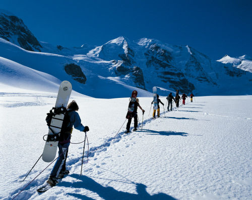 Катание на сноуборде в районе перевала Бернина (Bernina), Верхний Энгандин (Upper Engadine)