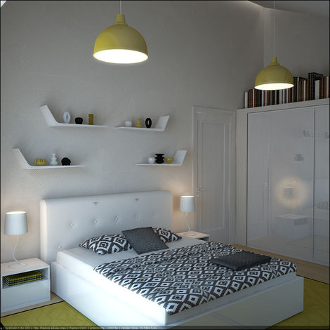 Кровать с подъемным механизмом Beds, шкаф-купе Wardrobe, люстра Bristol, полки Осса, настольная лампа Helix, прикроватная тумба Global