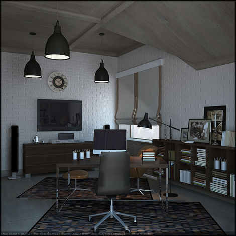 Рабочий стол Осса, рабочее кресло Ferrara, комод Global, напольная лампа Bistro, люстра Factory, ковер Quarter, стенка Lecco