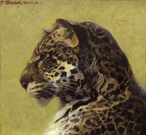 Галерея Philippe Heim. «Голова леопарда», 1911 год.  Фердинанд (Вена 1875-1949 Берлин). Деревянная доска, масло. 32.5 x 35 см. Подпись и дата Berlin 1911