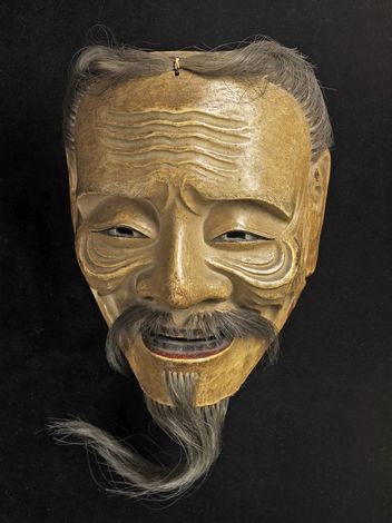 Галерея Tanakaya, Маска театра Но, изображающая старика из пьесы «Окина», Япония, Период Эдо, начало 19 в., Полихромное дерево, 20.3 x 15.6 см